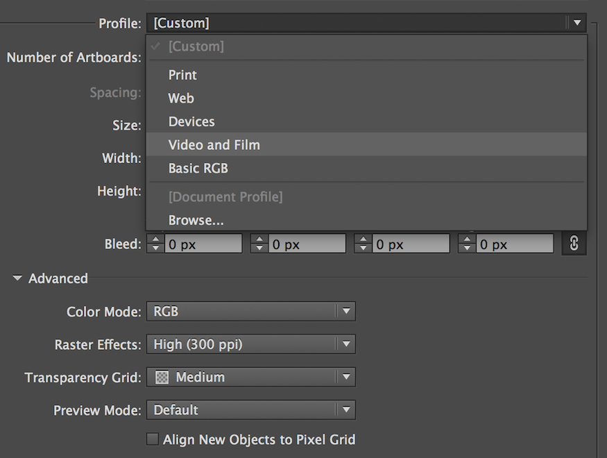 finding the video and film document profile in adobe illustrator