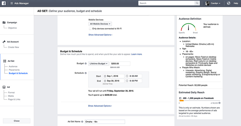 setting a lifetime budget for a facebook ad