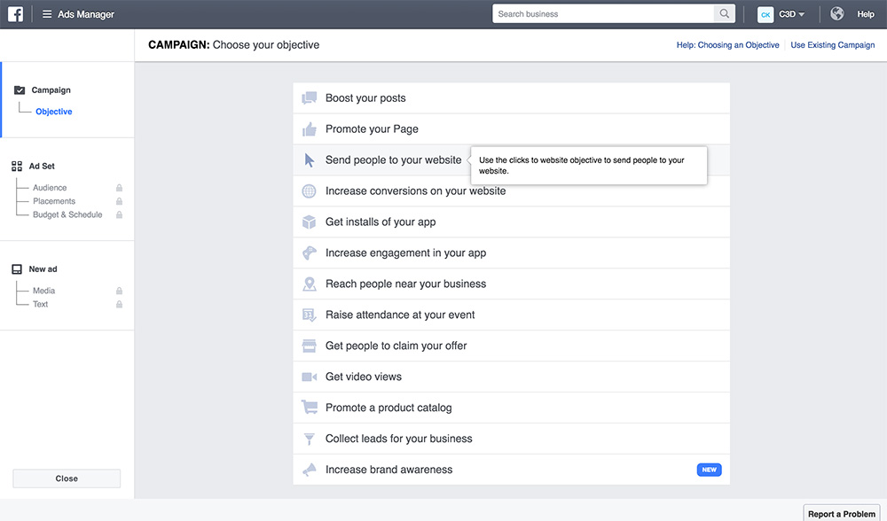 choosing an objective for a facebook ad