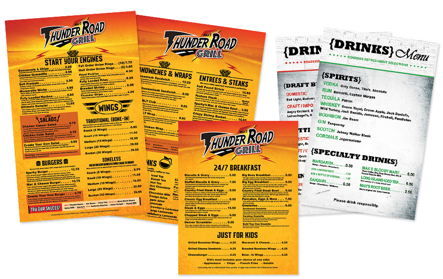 old menu designs for max's thunder road grill