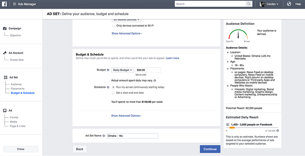review your facebook advertising budget and schedule 