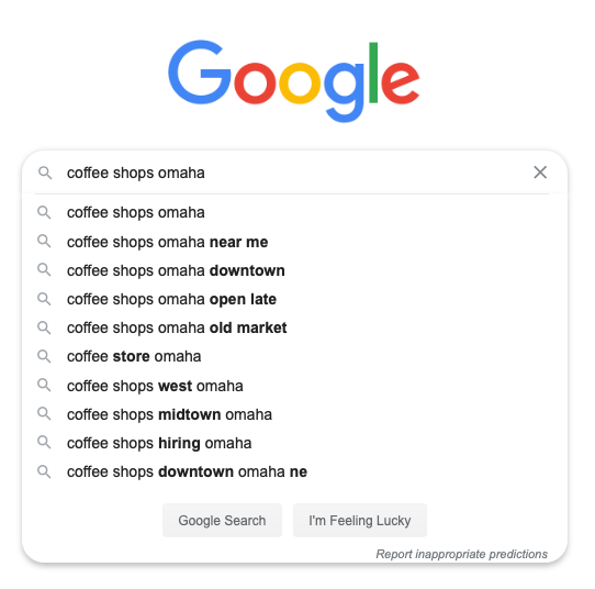 Screen shot of Google Autocomplete for coffee shops omaha